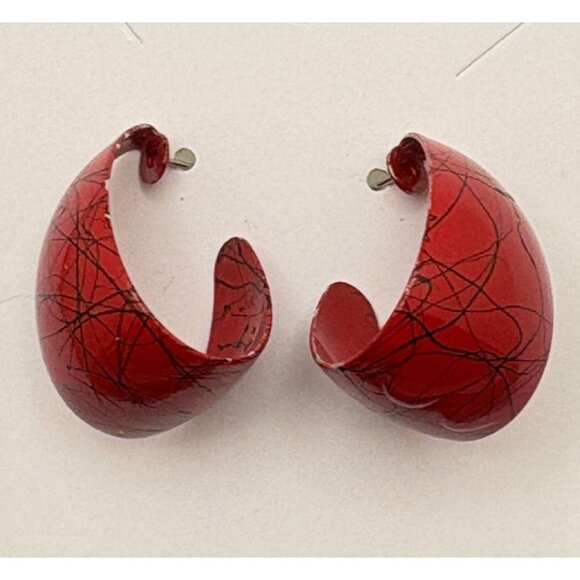 Vintage 80s Red Hoop Earrings Grafitti Abstract Design Chunky Bold - Picture 7 of 7